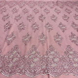 1 Yard Dusty Rose Beaded Corded Lace Fabric with Scallops Embroidered on 100% Poly Metallic 54 Inch Wide