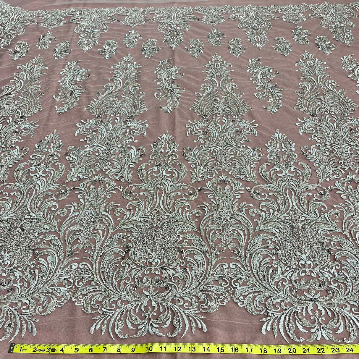1 Yard Silver Beaded Lace Fabric Embroidered on 100% Polyester Net Mesh 60 Inch Width