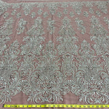 1 Yard Silver Beaded Lace Fabric Embroidered on 100% Polyester Net Mesh 60 Inch Width
