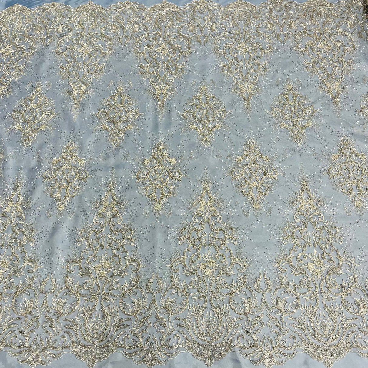 1 Yard Gold Beaded and Corded Bridal Lace Fabric Embroidered on 100 Percent Polyester Net Mesh 56 Inch Width