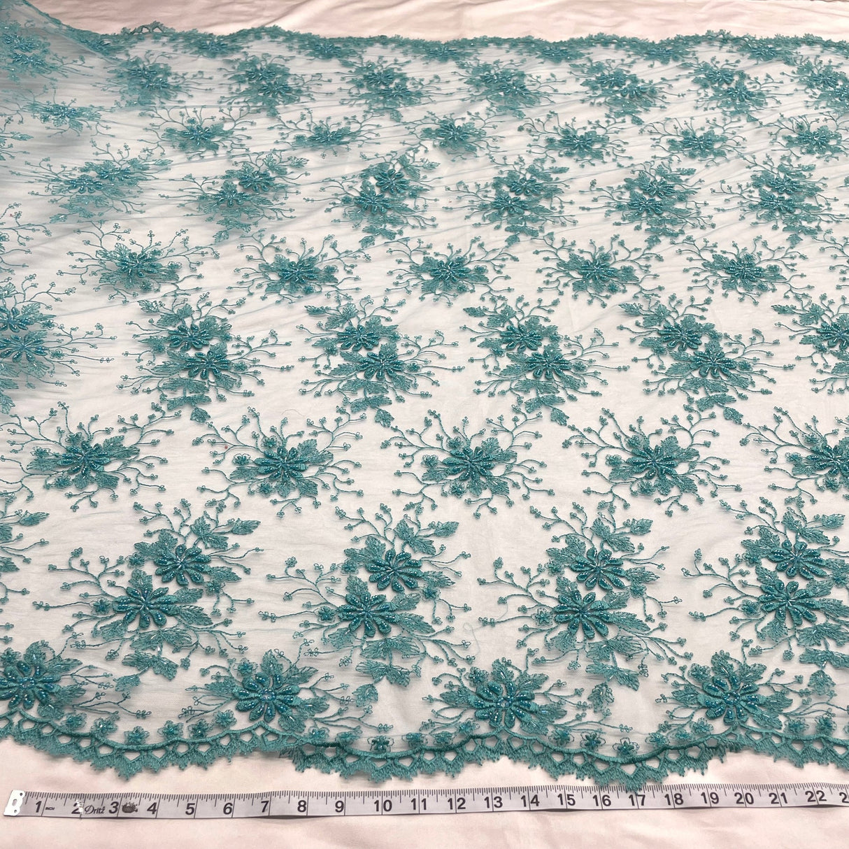 1 Yard Fuchsia Beaded Lace Fabric Embroidered on Polyester Net Mesh 52 Inch Width
