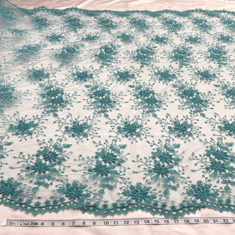 1 Yard Fuchsia Beaded Lace Fabric Embroidered on Polyester Net Mesh 52 Inch Width