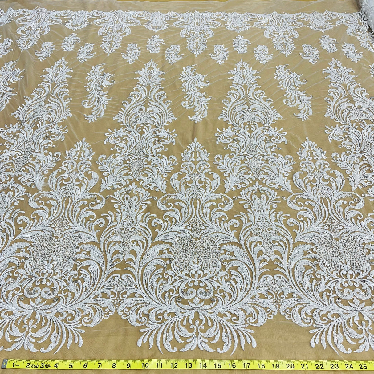 1 Yard Silver Beaded Lace Fabric Embroidered on 100% Polyester Net Mesh 60 Inch Width