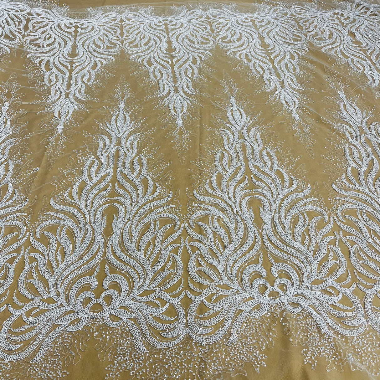 1 Yard Silver Beaded, Corded & Sequined Bridal Lace Fabric Embroidered on 100% Polyester Net Mesh 54 Inch Width