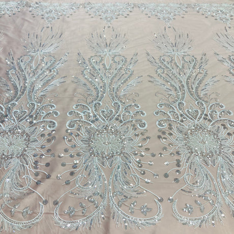 1 Yard Beaded Lace Fabric on Polyester Net Mesh, Embroidered Lace Materia, 52" Wide