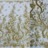 1 Yard Beaded Corded Bridal Lace Fabric, Embroidered Polyester Net Mesh, 51" Width, White