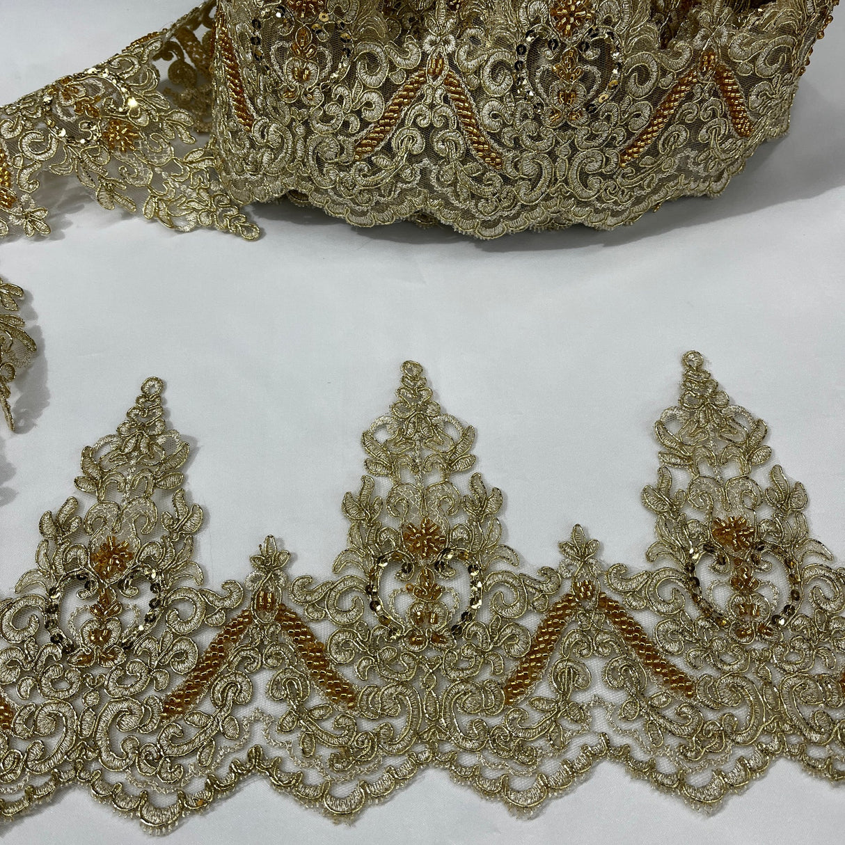 1 Yard Embroidered on 100% Polyester Organza 6? Wide Beaded & Corded Lace Trimming