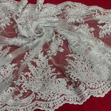 1 Yard Beaded Corded Bridal Lace Fabric Embroidered on Premium Polyester Mesh 50