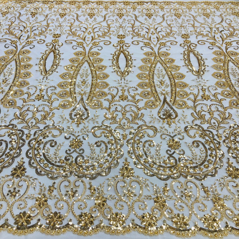 1 Yard Gold Beaded Lace Fabric Embroidered on 100 Percent Polyester Net Mesh 52 Inch Width