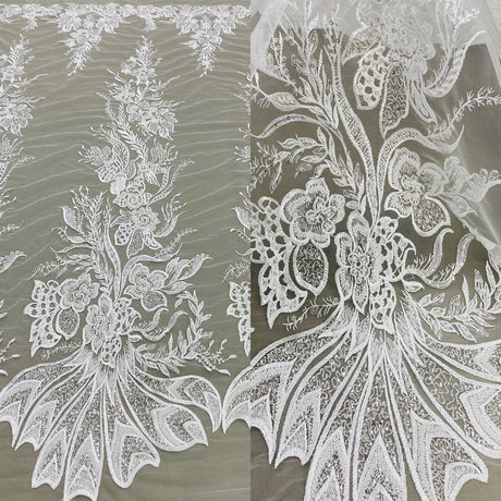 1 Yard Luxury Beaded Sequined Lace Fabric Embroidered on Premium Polyester Mesh 50