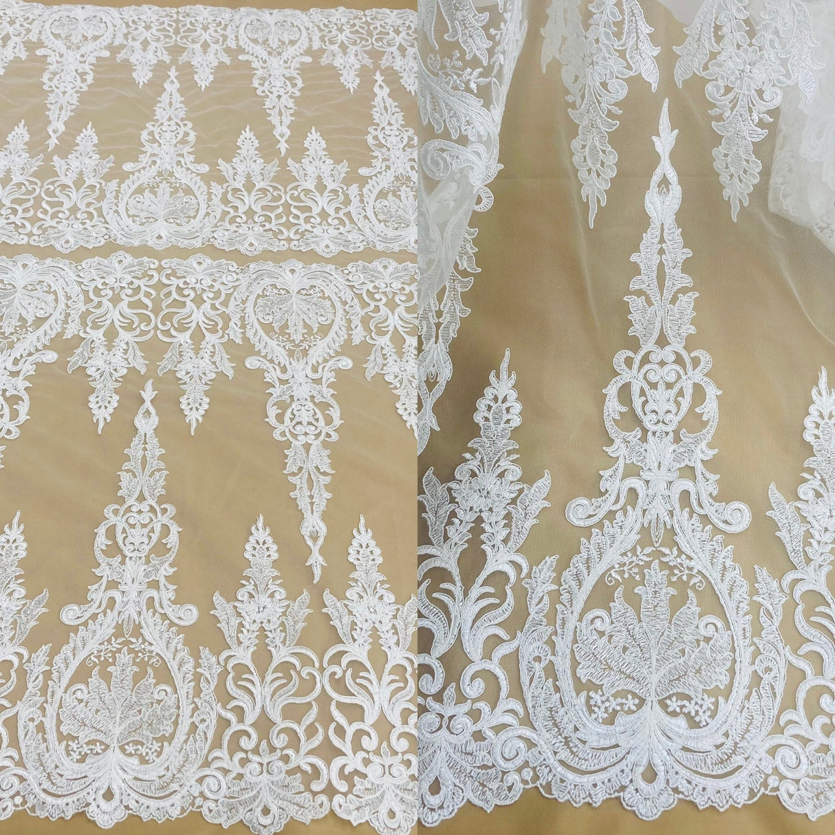 1 Yard Luxurious Corded Bridal Lace Fabric Embroidered on Premium Polyester Mesh 52