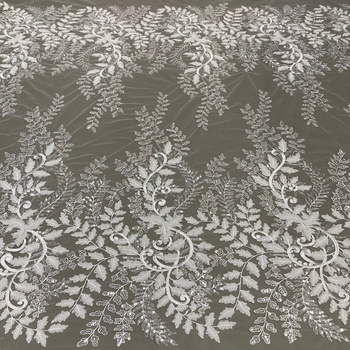 1 Yard Dazzling Silver Beaded Sequined Lace Fabric on Net Mesh 52 inch Width