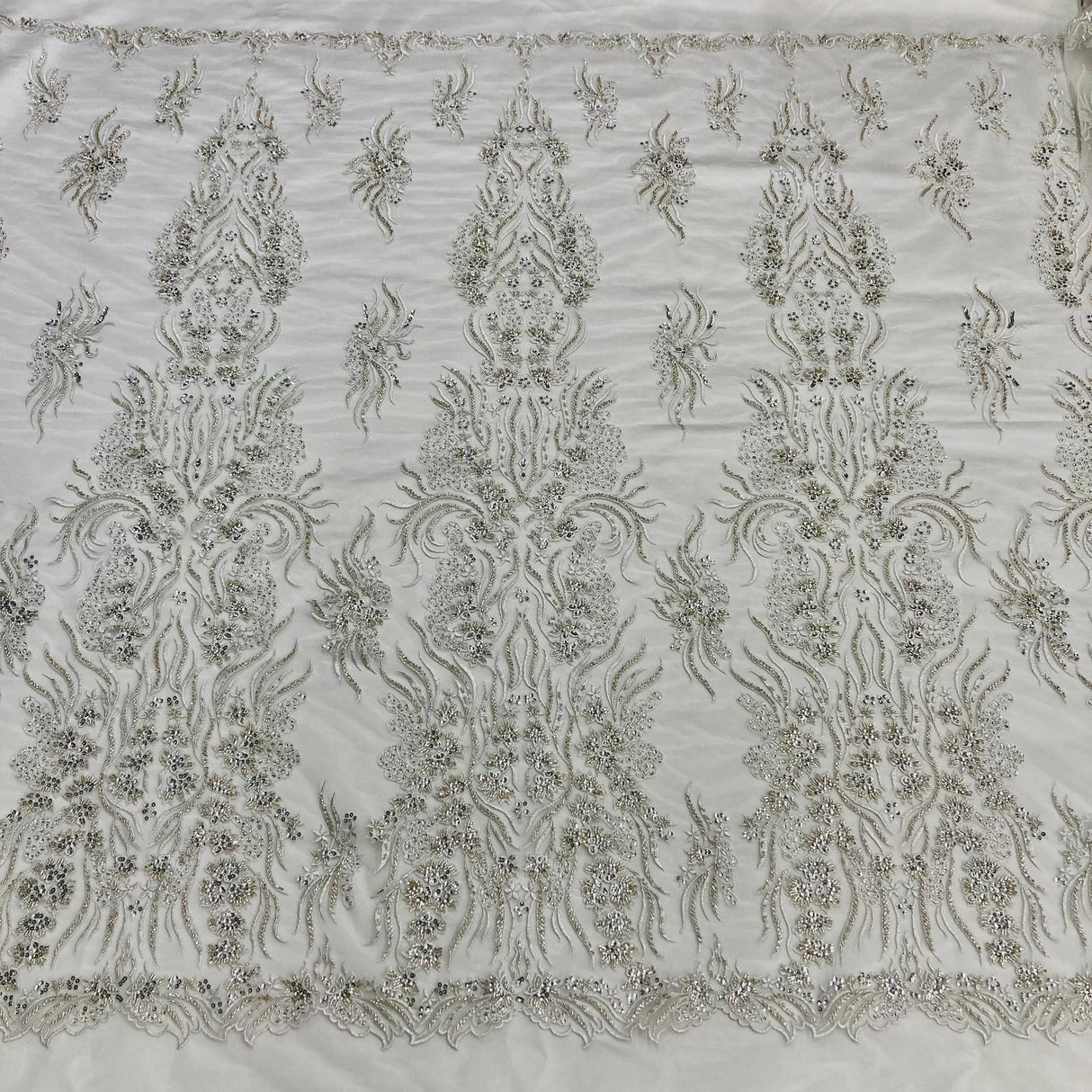 1 Yard Silver Beaded Lace Fabric Embroidered on 100% Polyester Net Mesh 52 Inch Width
