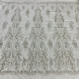 1 Yard Silver Beaded Lace Fabric Embroidered on 100% Polyester Net Mesh 52 Inch Width