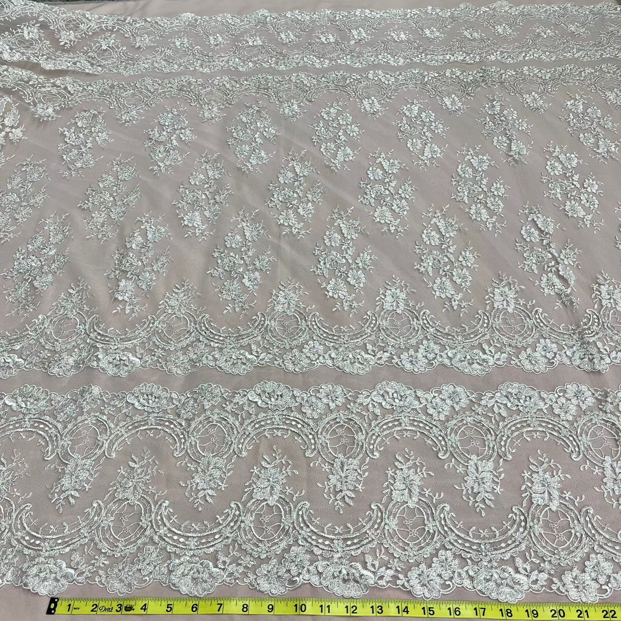 1 Yard White Beaded & Corded Bridal Lace Fabric, 51" Wide Embroidered Polyester Mesh