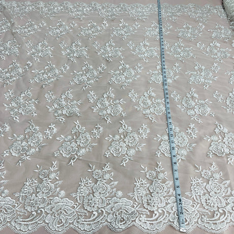 1 Yard Luxurious Corded Bridal Lace Fabric Embroidered on Soft Polyester Net Mesh 51" Width