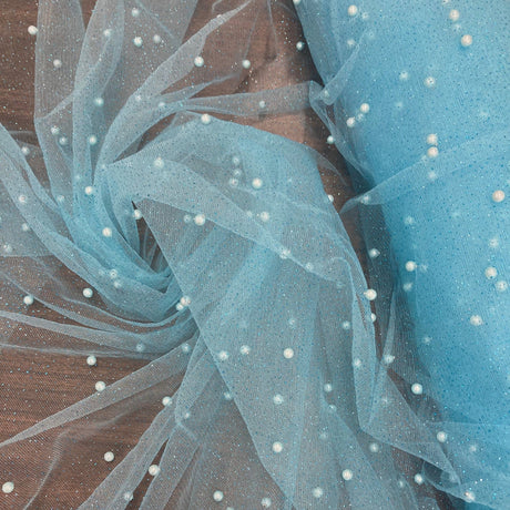1 Yard Hunter Green Glitter Mesh Fabric with Scattered Pearls Stretch Soft Sparkle Net 60 Inch Width