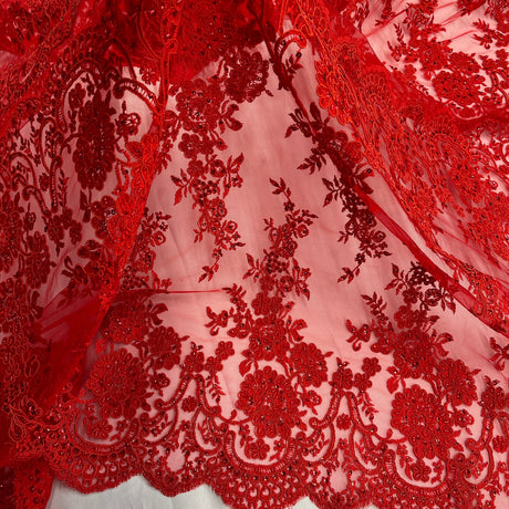 1 Yard Luxurious Gold Hand-Beaded Corded Bridal Lace Fabric on Net Mesh 48 inch Width