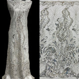 1 Yard Silver Beaded Lace Fabric Embroidered on 100% Polyester Net Mesh 51 Inch Width