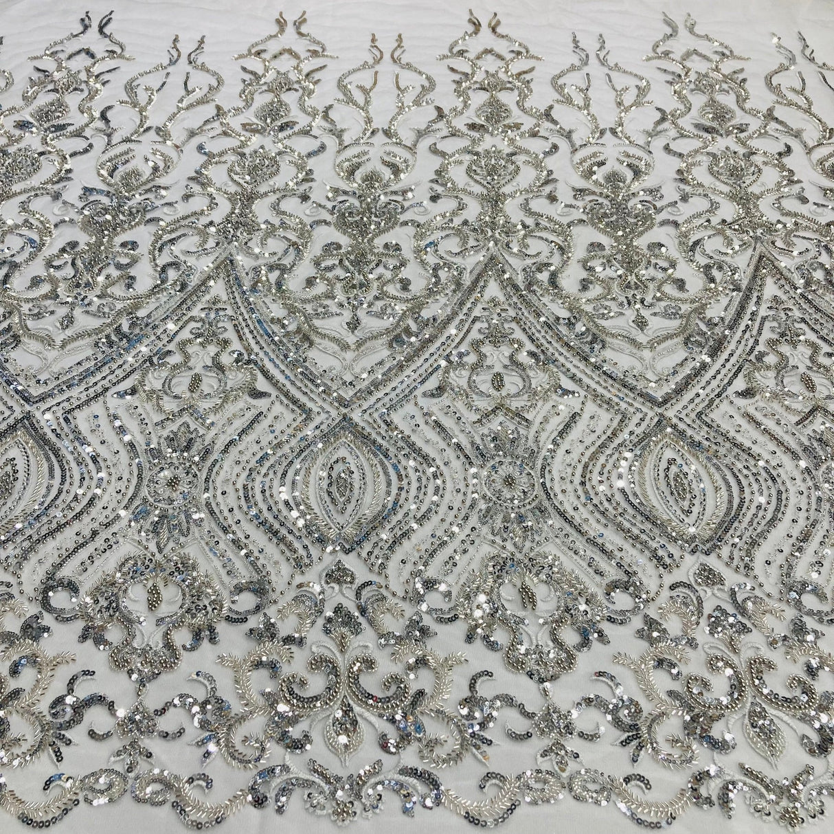 1 Yard Silver Beaded Lace Fabric Embroidered on 100% Polyester Net Mesh 52 Inch Width