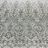 1 Yard Silver Beaded Lace Fabric Embroidered on 100% Polyester Net Mesh 52 Inch Width