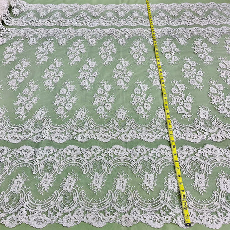 1 Yard White Beaded & Corded Bridal Lace Fabric, 51" Wide Embroidered Polyester Mesh