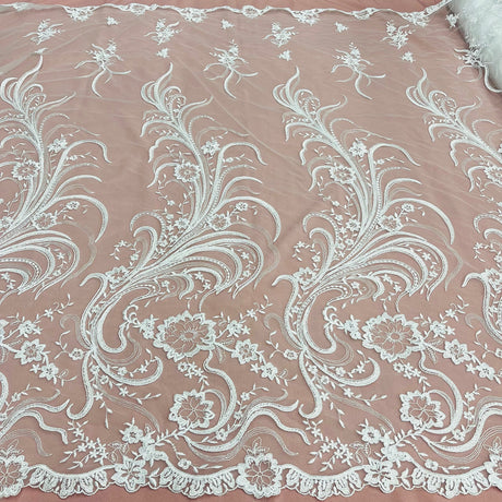 1 Yard Ivory Corded Bridal Lace Fabric Embroidered Elegant Mesh 54" Width