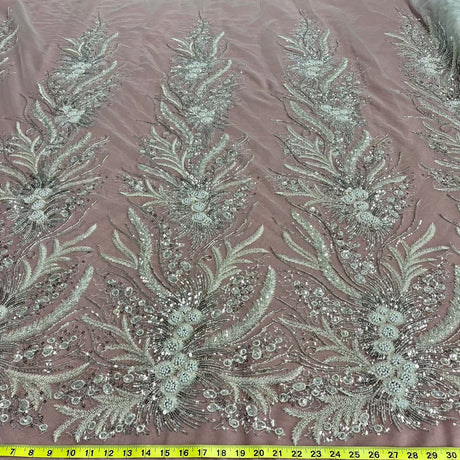 1 Yard Beaded Lace Fabric Embroidered with Sequins on Polyester Net Mesh 51 inch Width