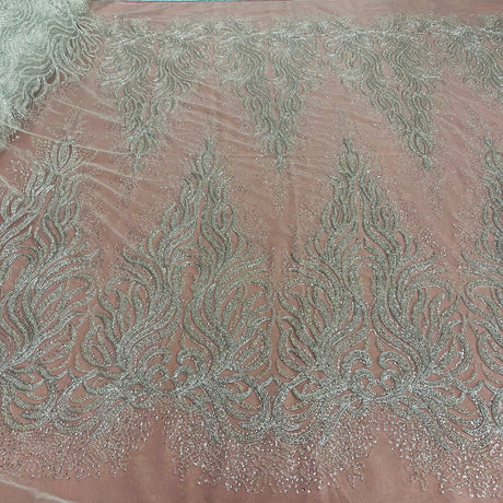 1 Yard Beaded, Corded & Sequined Bridal Lace Fabric Embroidered on 100% Polyester Net Mesh
