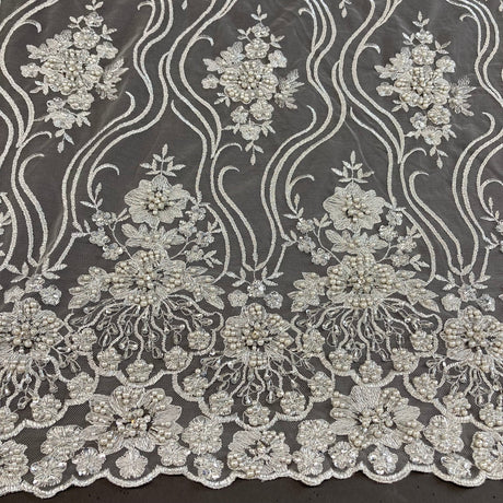 1 Yard Elegant Beaded Lace Fabric Embroidered on Polyester Net Mesh 51 inch Width