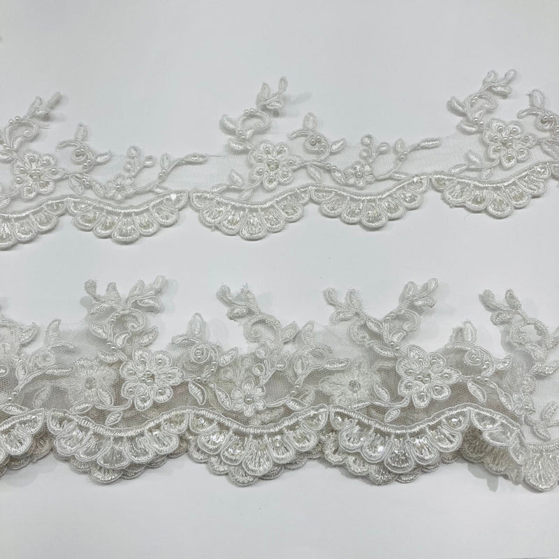 1 Yard Beaded Corded Lace Trimming on Net Mesh for Bridal Dresses 3.25 Inch Width