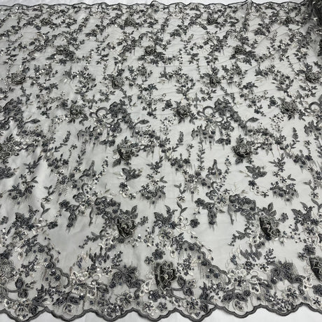 1 Yard Beaded Rhinestone 3D Floral Lace Fabric for Bridal Dresses Dance Costumes 50" Width