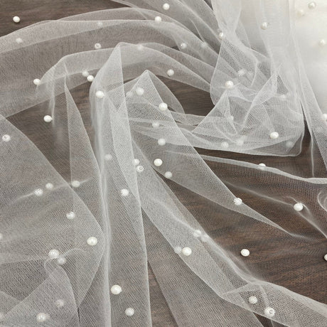 1 Yard White Stretch Net Mesh Fabric with Scattered Pearls Lightweight Soft Material 60 Inch Width