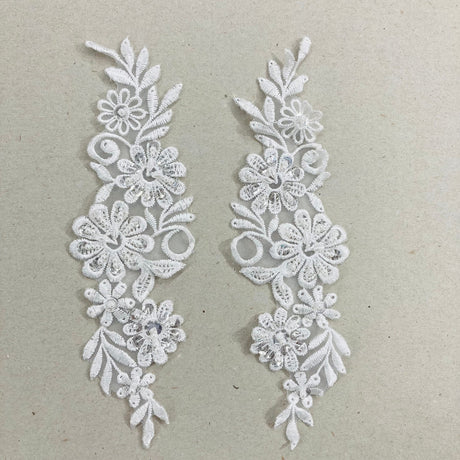 1 Pair Beaded Lace Applique Embroidered on 100% Polyester Organza 9" x 2.5" Each Side