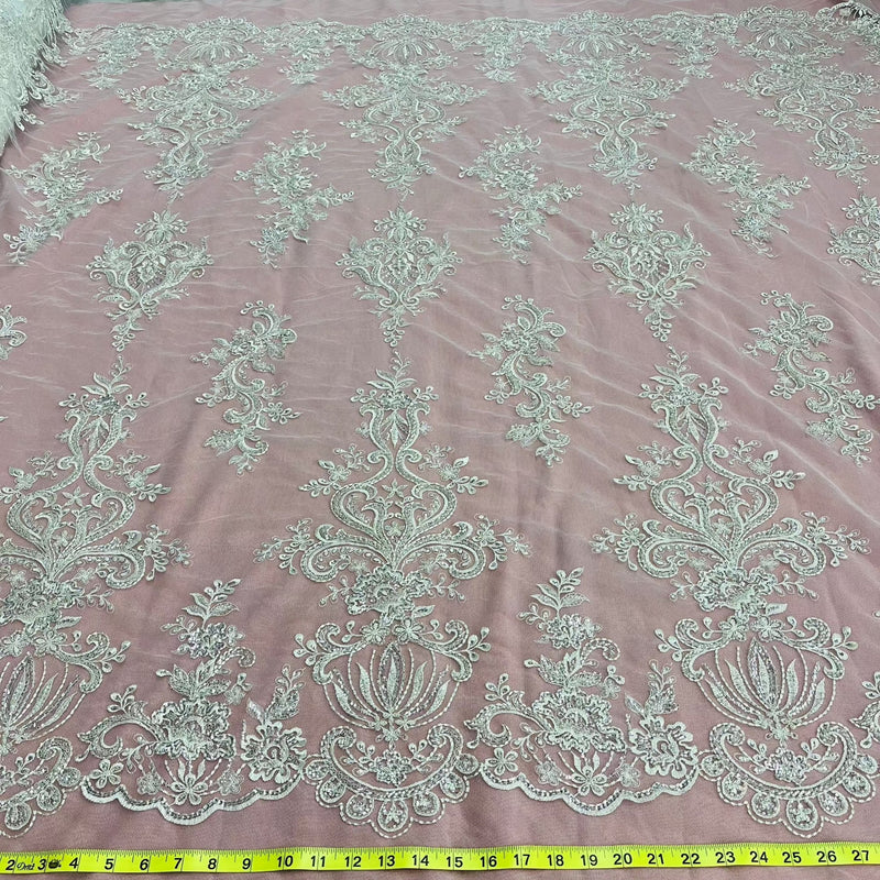 1 Yard Antique Silver Beaded Lace Fabric Embroidered on Polyester Net Mesh Pearls Sequins 53 Inch Width