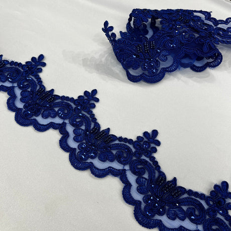 1 Yard Luxurious Beaded & Corded Lace Trimming Embroidered on 100% Polyester Net Mesh for Special Occasion Dresses 3 Inch Width