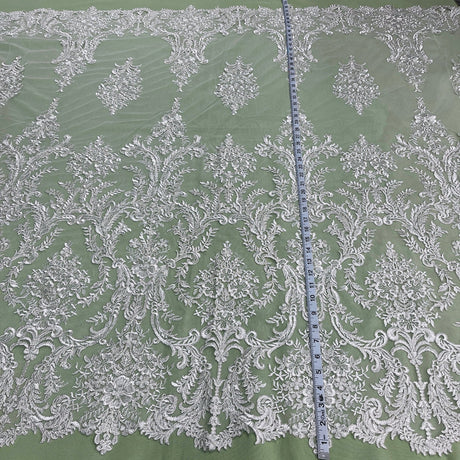 1 Yard Classic White Corded Bridal Lace Fabric on Polyester Net Mesh 52 inch Width