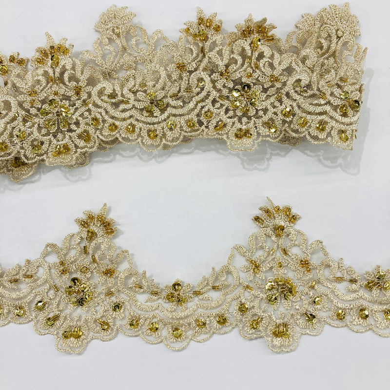 1 Yard Luxurious Beaded Lace Trimming Embroidered on 100% Polyester Net Mesh for Special Occasions 3 Inch Width