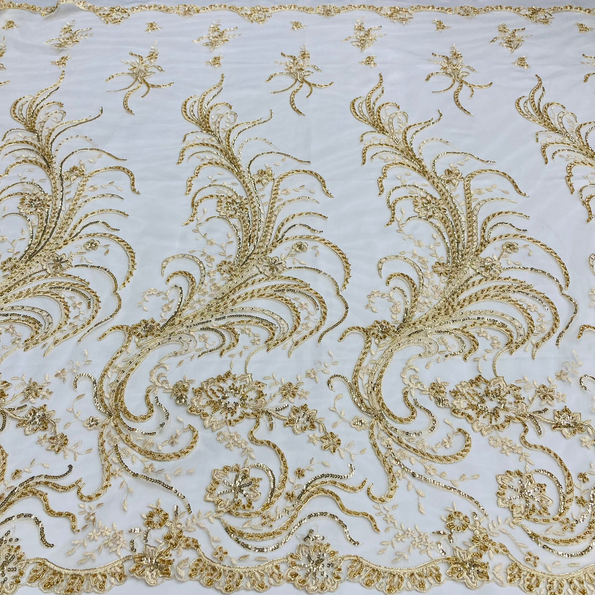 1 Yard Exquisite White Hand-Beaded Corded Bridal Lace Fabric on Net Mesh 52 inch Width