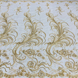 1 Yard Exquisite White Hand-Beaded Corded Bridal Lace Fabric on Net Mesh 52 inch Width