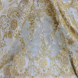 1 Yard Luxurious Gold Hand-Beaded Corded Bridal Lace Fabric on Net Mesh 48 inch Width