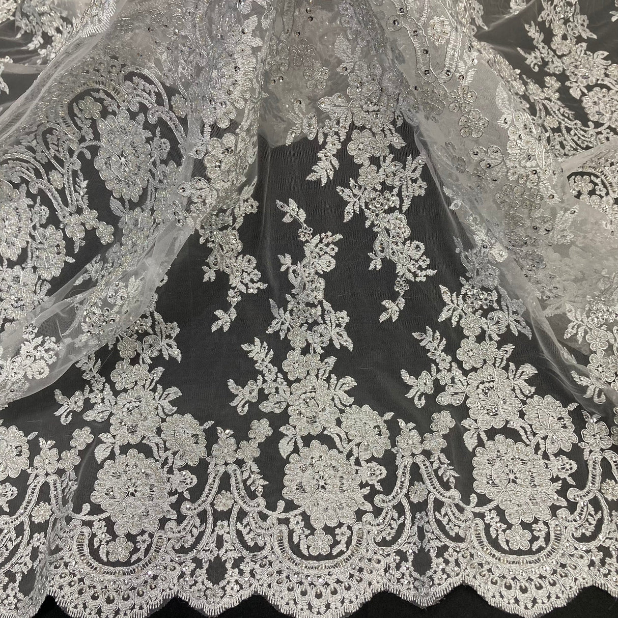 1 Yard Luxurious Gold Hand-Beaded Corded Bridal Lace Fabric on Net Mesh 48 inch Width