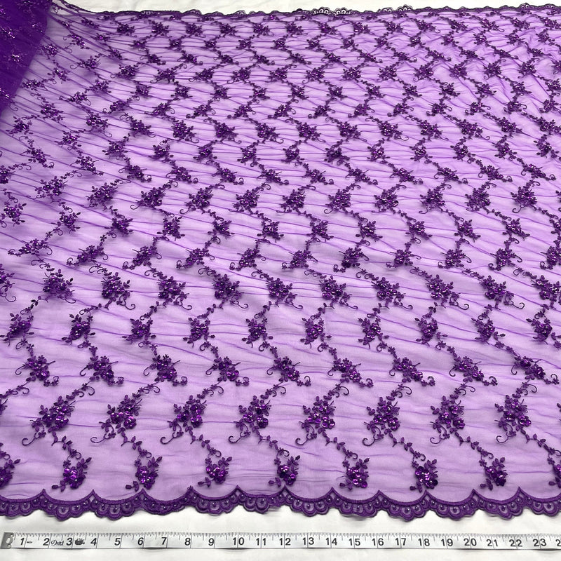 1 Yard Purple Beaded Bridal Evening Couture Quinceanera Dance Lace Fabric, 52 Inches Wide