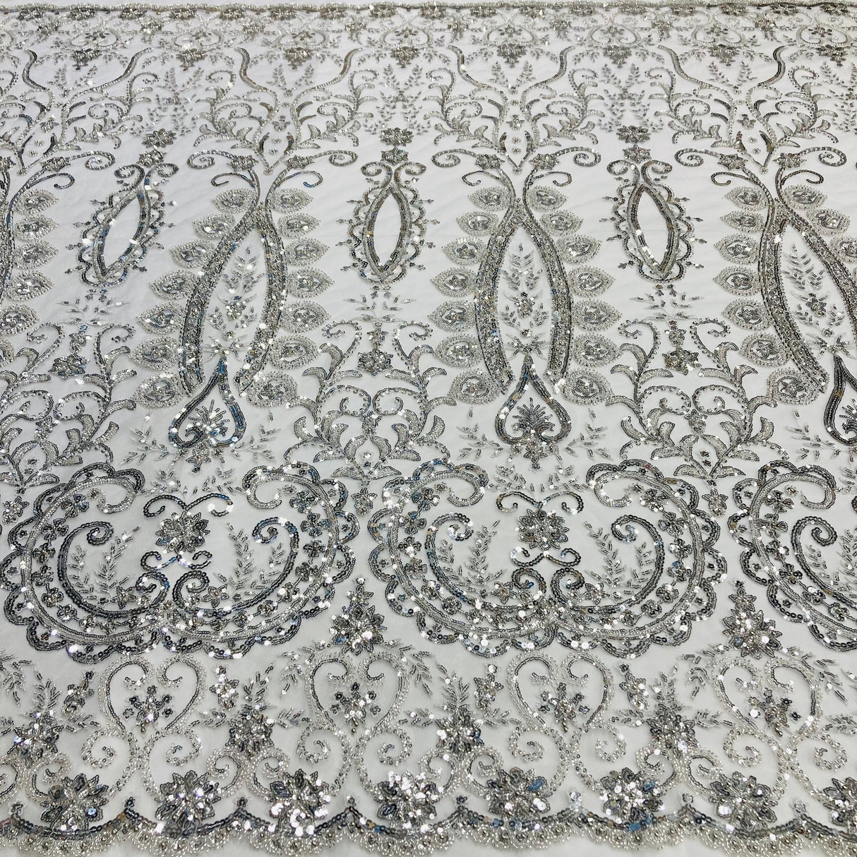 1 Yard Beaded Lace Fabric Embroidered on Polyester Net Mesh with Sequins and Pearls 52 inch Width