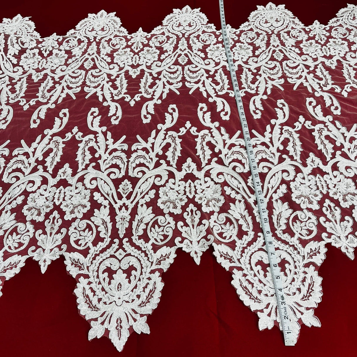 1 Yard Beaded Corded Bridal Lace Fabric Embroidered on Polyester Net Mesh
