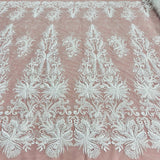 1 Yard Silver Beaded Lace Fabric Embroidered With Fuzzy Thread on 100% Polyester Net Mesh 53 Inch Width