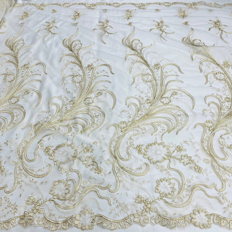 1 Yard Ivory Corded Bridal Lace Fabric Embroidered Elegant Mesh 54" Width
