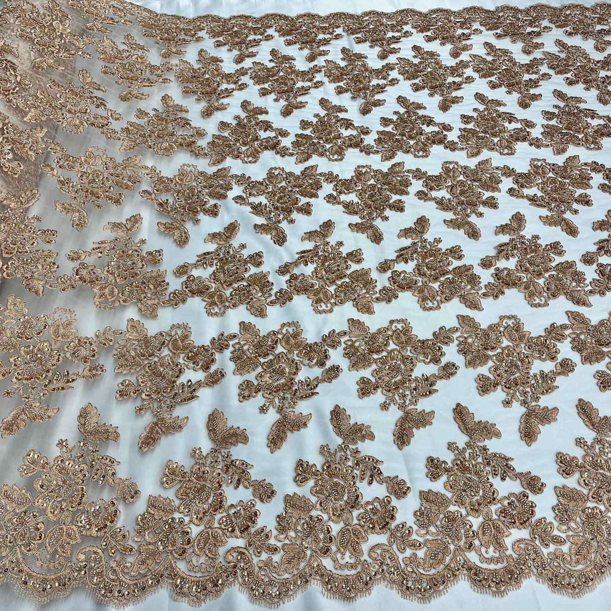 1 Yard Beaded Corded Bridal Lace Fabric Embroidered on Premium Polyester Mesh 51
