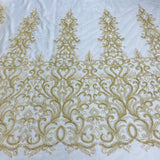 1 Yard Gold Beaded Lace Fabric Embroidered with Fuzzy Thread on 100 Percent Polyester Net Mesh 49 Inch Width