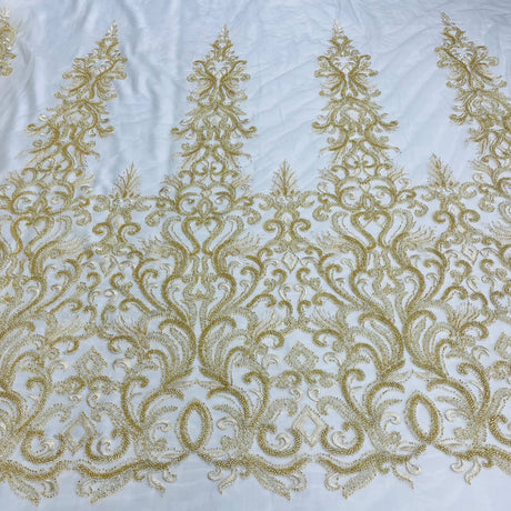 1 Yard Gold Beaded Lace Fabric Embroidered with Fuzzy Thread on 100 Percent Polyester Net Mesh 49 Inch Width